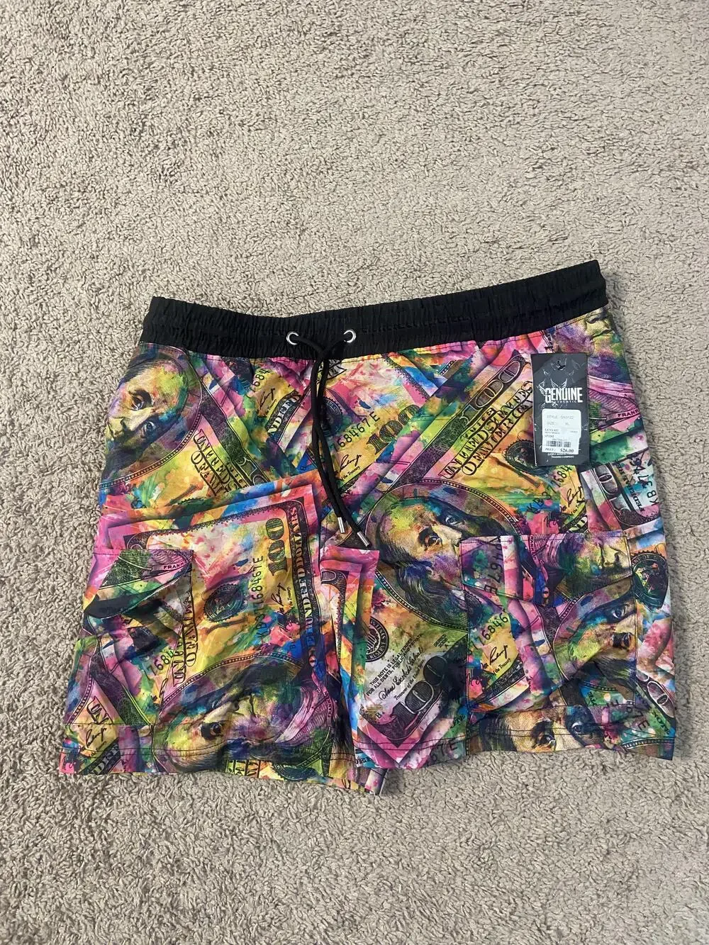Genuine Shorts Mens XL Multicolor Money Print Swim Trunks Mesh Liner Drawstring